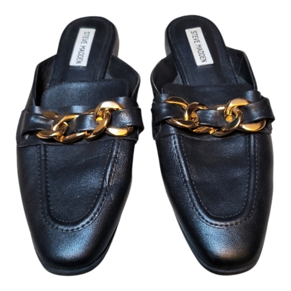 Steve Madden Black Leather Cassady Loafer Mules w/ Gold Chain - Size 9M - Picture 3 of 7